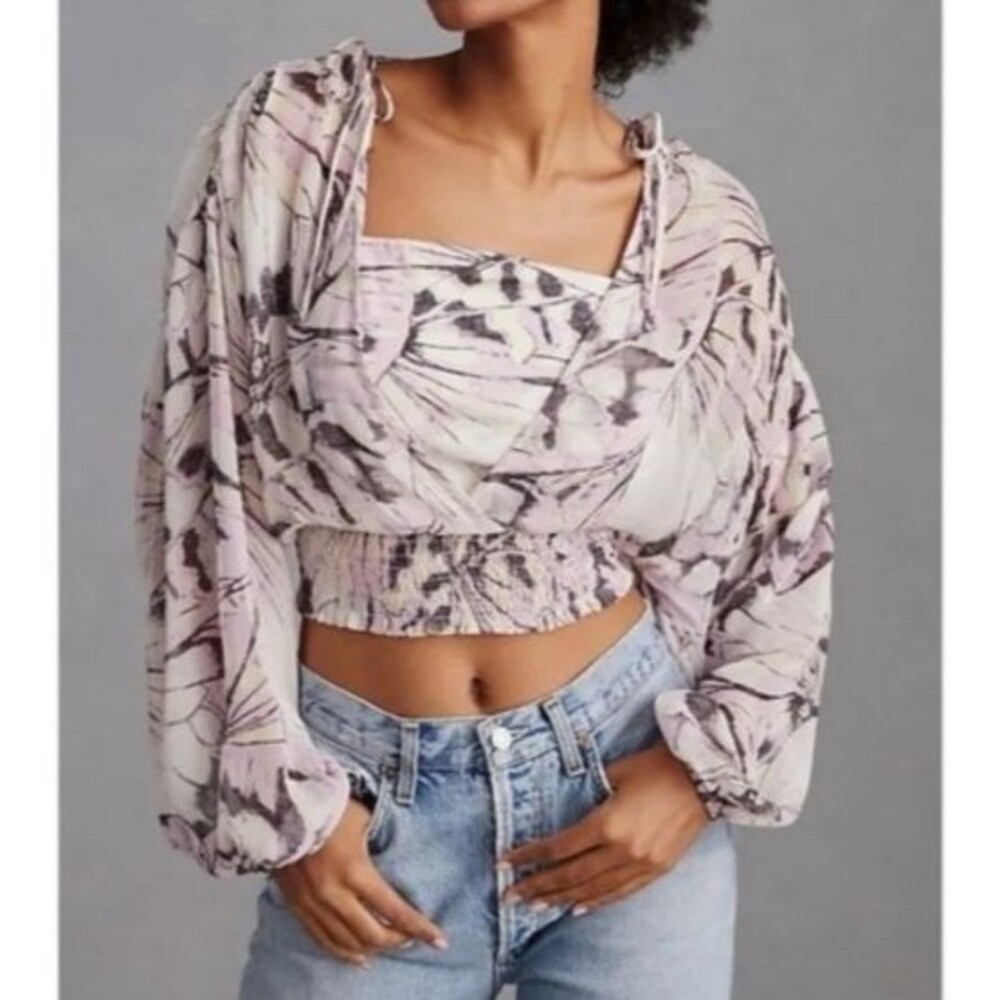 Anthropologie Sheer Peasant Floral Long-Sleeve Crop Top Size XS